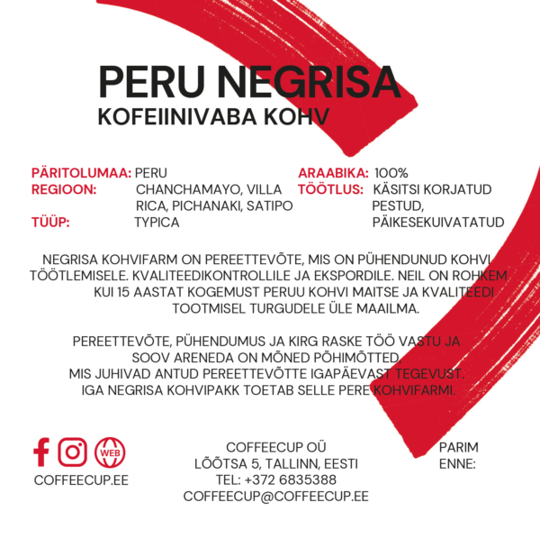 CoffeeCup Peru Negrisa kofeiinivaba kohviuba, bio 1kg - Image 4